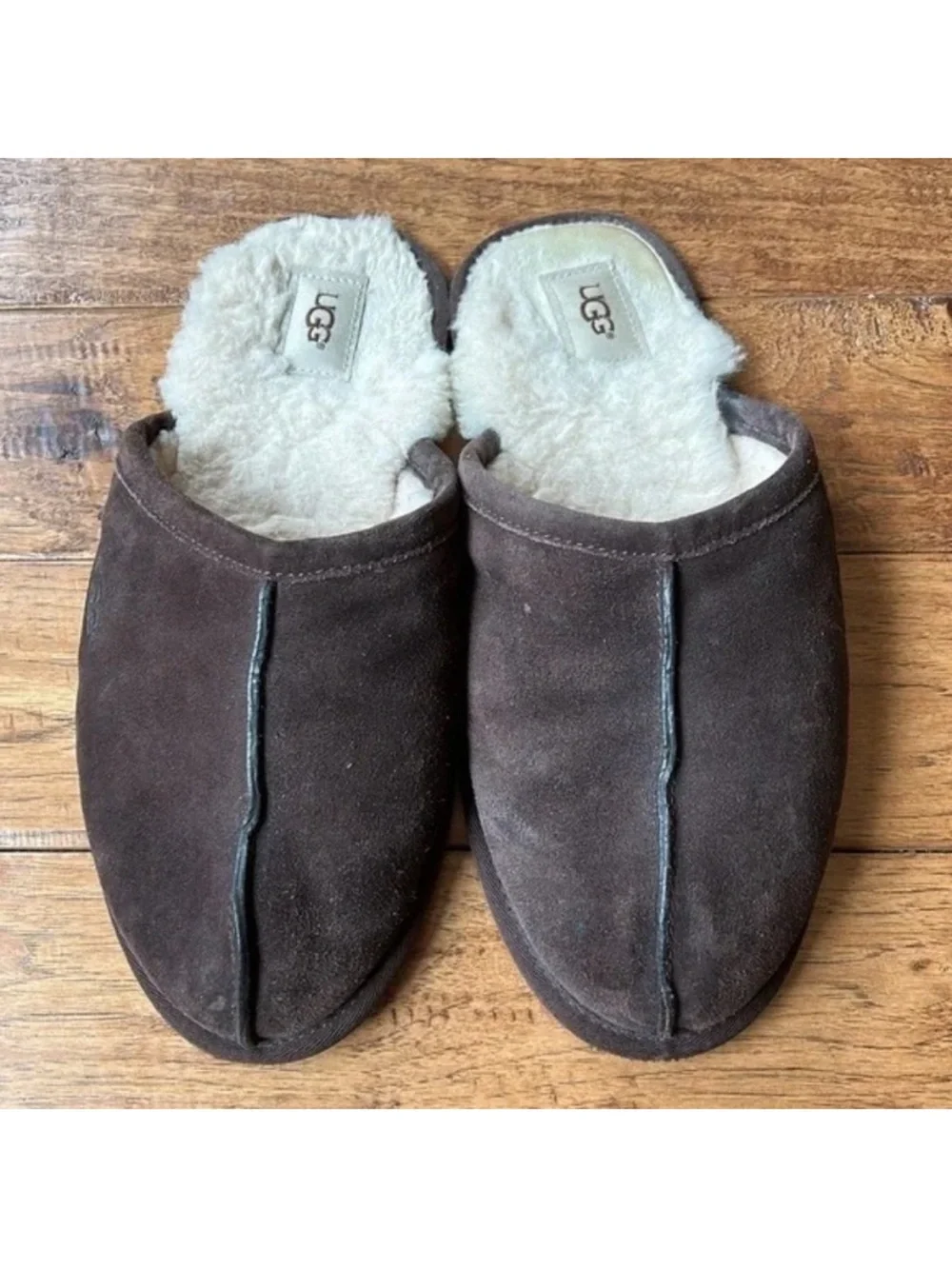 Ugg Scuff Slippers House Shoes Brown Suede Wool Shearling Lined Mens Size 10